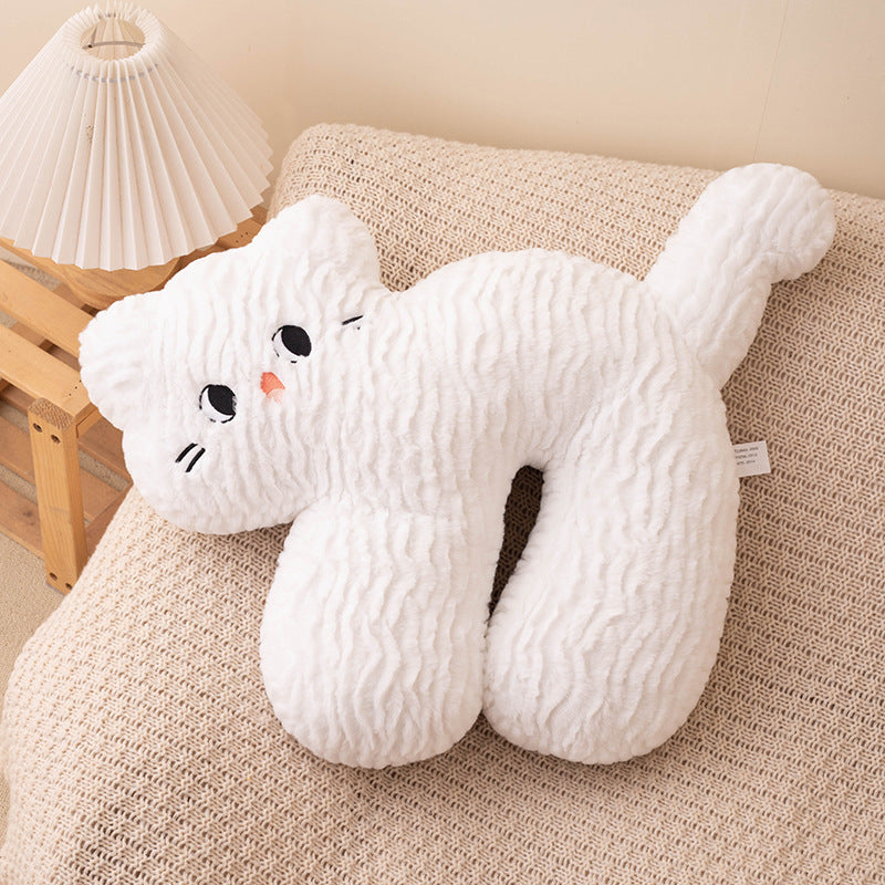 white cat plush animal U-shaped pillow has a unique and eye-catching appearance, Comfortable and soft, suitable for various scenes