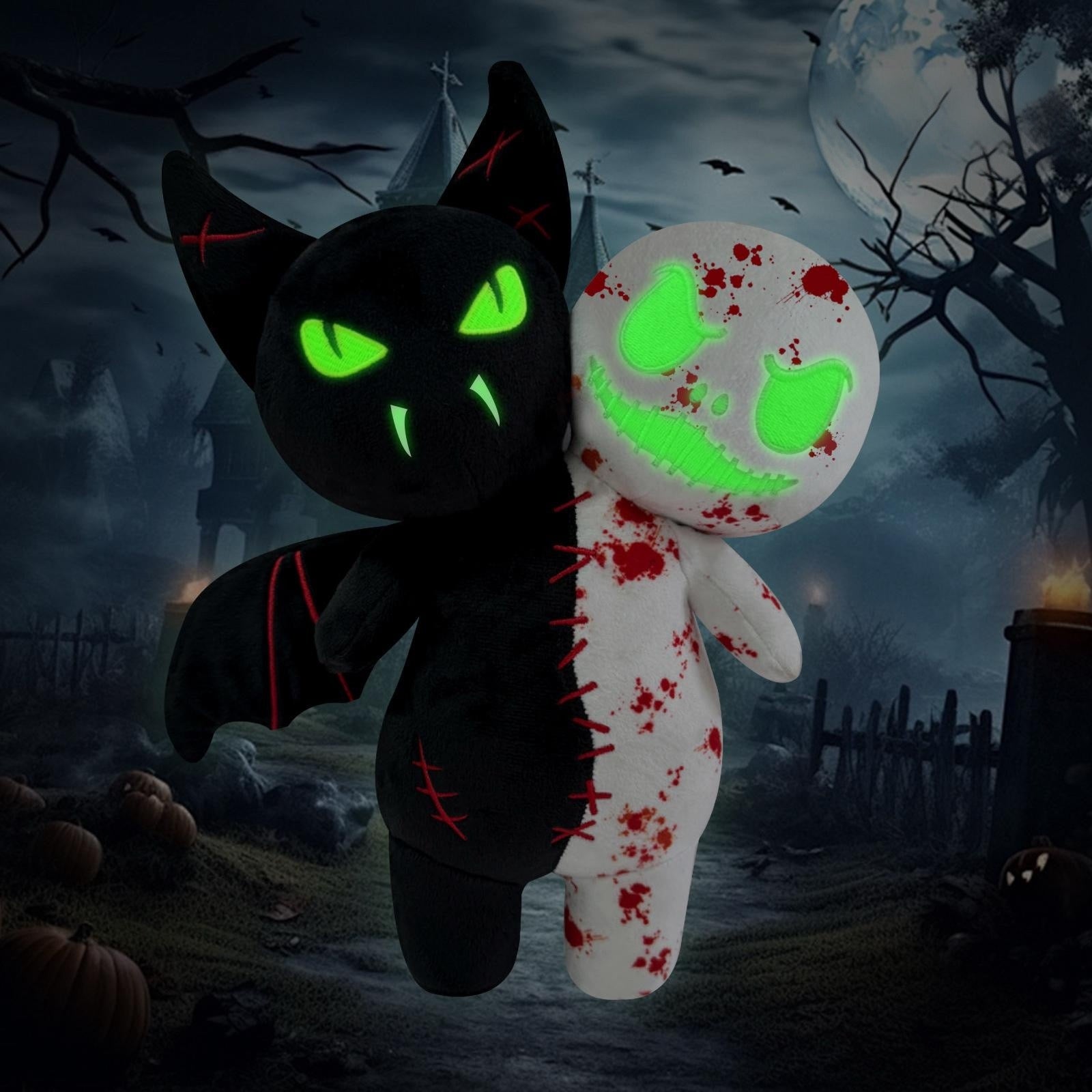Halloween horror plush toys that glow at night - pumpkin skull doll and ghost bat doll.Two-in-one horror matching design, full of creativity, perfectly fits the Halloween theme.