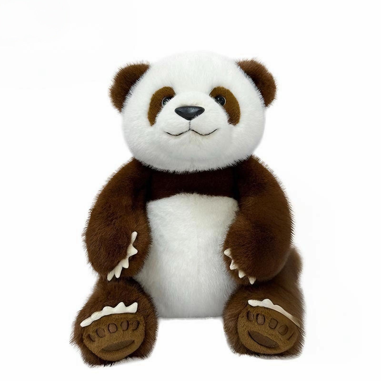 Lifelike giant panda plush toy, unique brown and white color scheme, and cute sitting posture