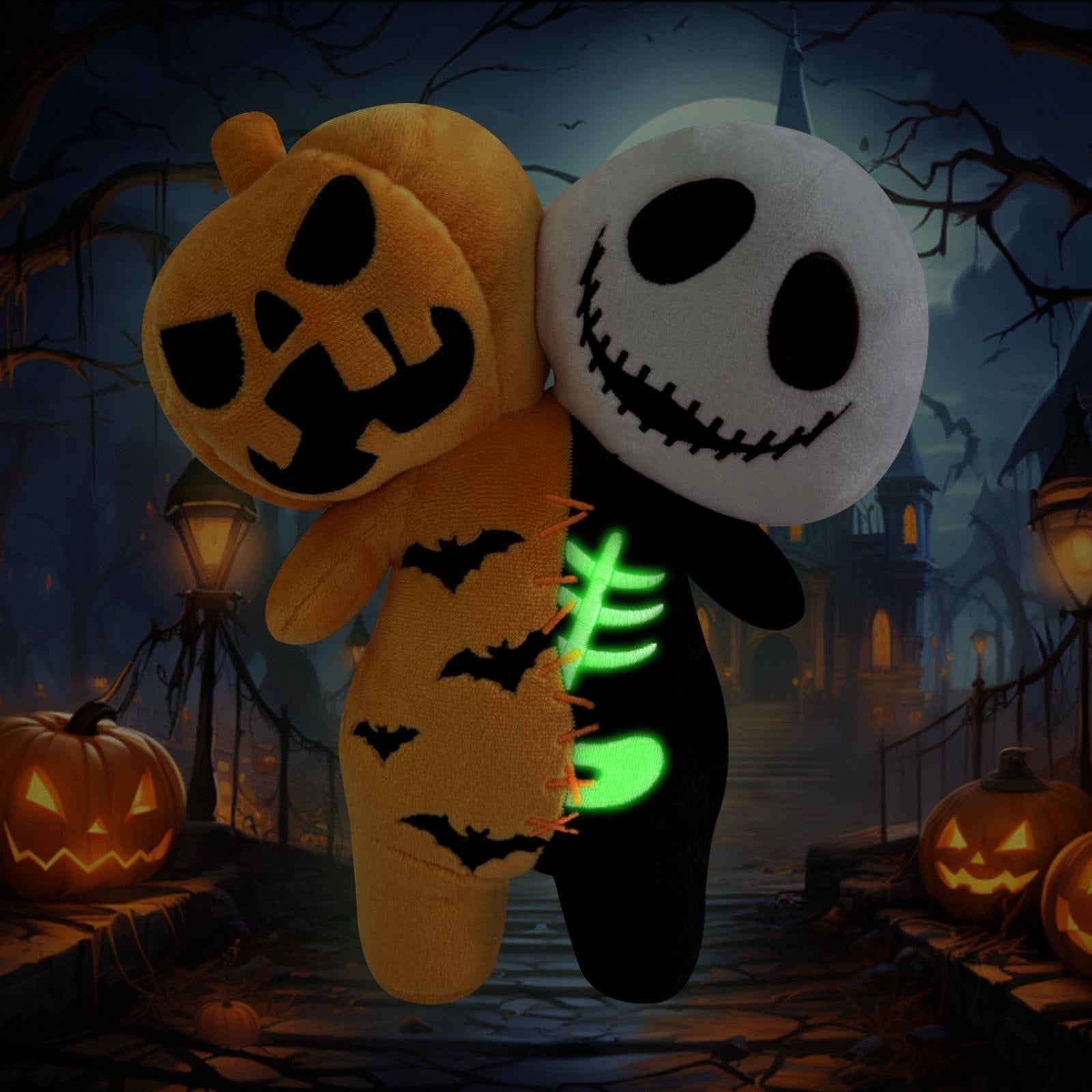 Halloween horror plush toys that glow at night - pumpkin skull doll and ghost bat doll.Two-in-one horror matching design, full of creativity, perfectly fits the Halloween theme.