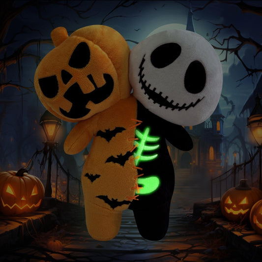 Halloween horror plush toys that glow at night - pumpkin skull doll and ghost bat doll.Two-in-one horror matching design, full of creativity, perfectly fits the Halloween theme.
