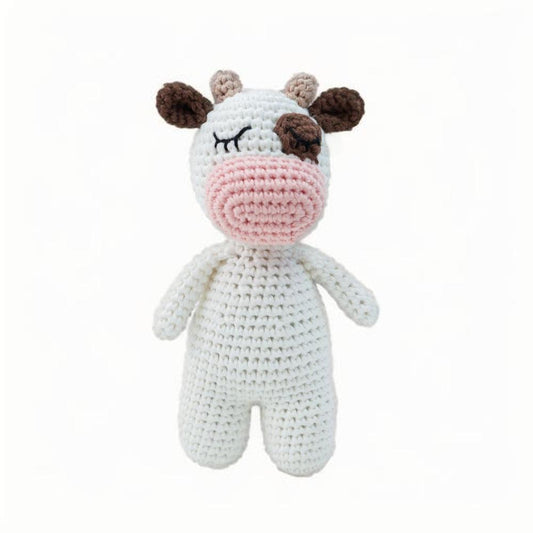 This is a pure hand-knitted cow plush toy.Its design with one eye open and one eye closed, coupled with a pink mouth, makes it appear playful and cute.It does not require glue, is made of pure cotton, feels soft, is safe and environmentally friendly, and is no problem for babies to bite.