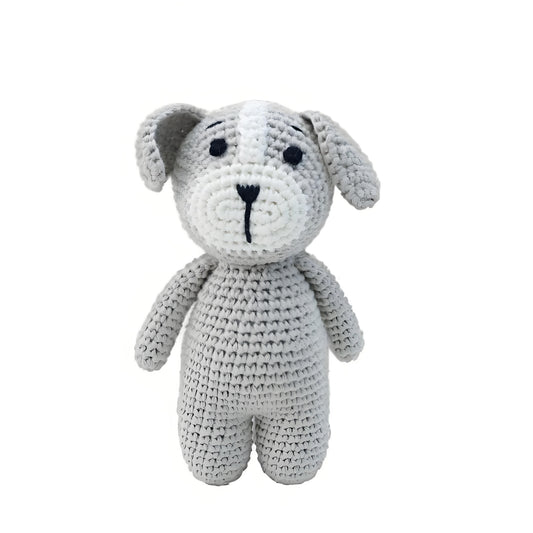 This is a pure hand-knitted dog plush toy. It has a cute little nose and floppy ears.It does not require glue, is made of pure cotton, feels soft, is safe and environmentally friendly, and is no problem for babies to bite.