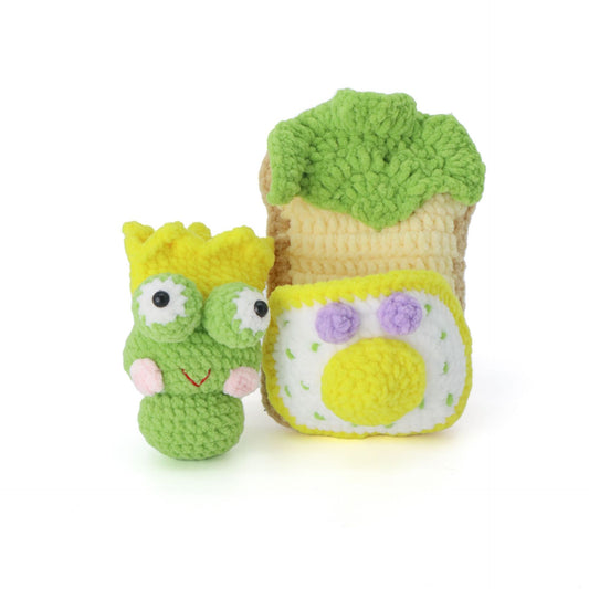 "Hand-hooked toast covered with a quilt and a doll" cute breakfast styling, lettuce on top, frog toast