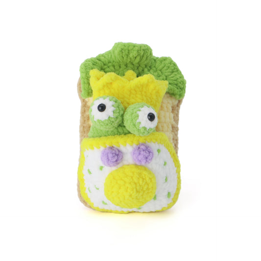 "Hand-hooked toast covered with a quilt and a doll" cute breakfast styling, lettuce on top, frog toast