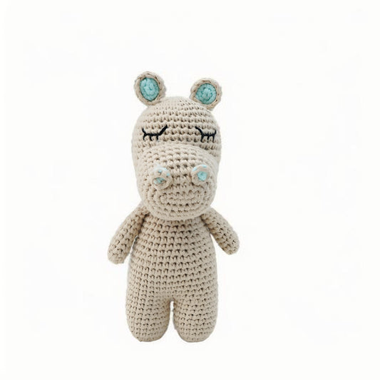 This is a pure hand-knitted hippo plush toy. The body is primarily in a neutral gray tone, with blue ears and nose.It does not require glue, is made of pure cotton, feels soft, is safe and environmentally friendly, and is no problem for babies to bite.