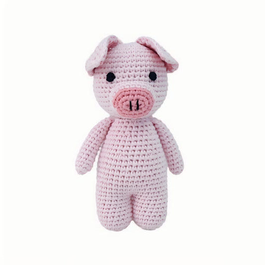 This is a pure hand-knitted pink pig plush toy. It has floppy ears and a rose-colored nose.It does not require glue, is made of pure cotton, feels soft, is safe and environmentally friendly, and is no problem for babies to bite.