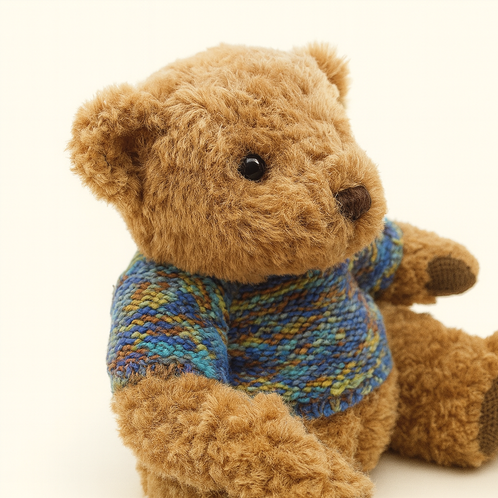 stylish brown teddy bear on a colorful knitted sweater plush toy doll