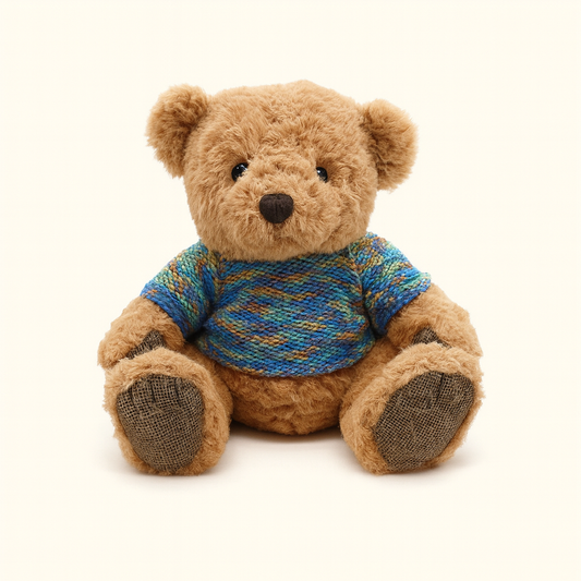 stylish brown teddy bear on a colorful knitted sweater plush toy doll