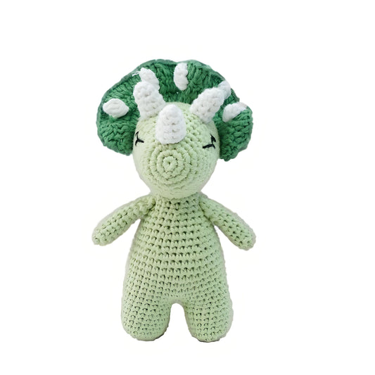 This is a pure hand-knitted triceratops dinosaur plush toy. It features a vibrant green color and a sweetly detailed design.It does not require glue, is made of pure cotton, feels soft, is safe and environmentally friendly, and is no problem for babies to bite.