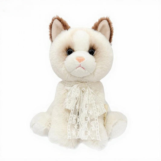 White soft plush cat doll with brown markings around ears and eyes, wearing delicate lace bow - baby soothing toy or home decoration ornament