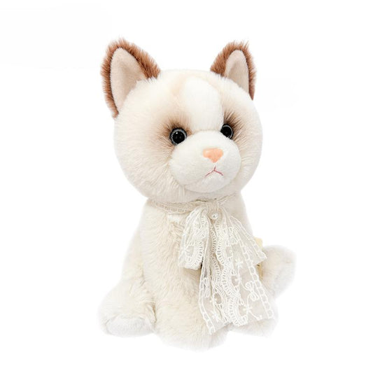 White soft plush cat doll with brown markings around ears and eyes, wearing delicate lace bow - baby soothing toy or home decoration ornament